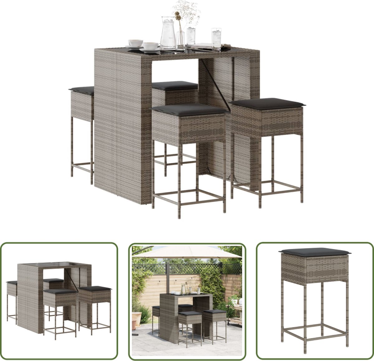 The Living Store 5-delige Tuinbarset met kussens poly rattan grijs - Tuinbarset - Buitendecoratie - Lounge Set - Bistro Set - Outdoor Furniture