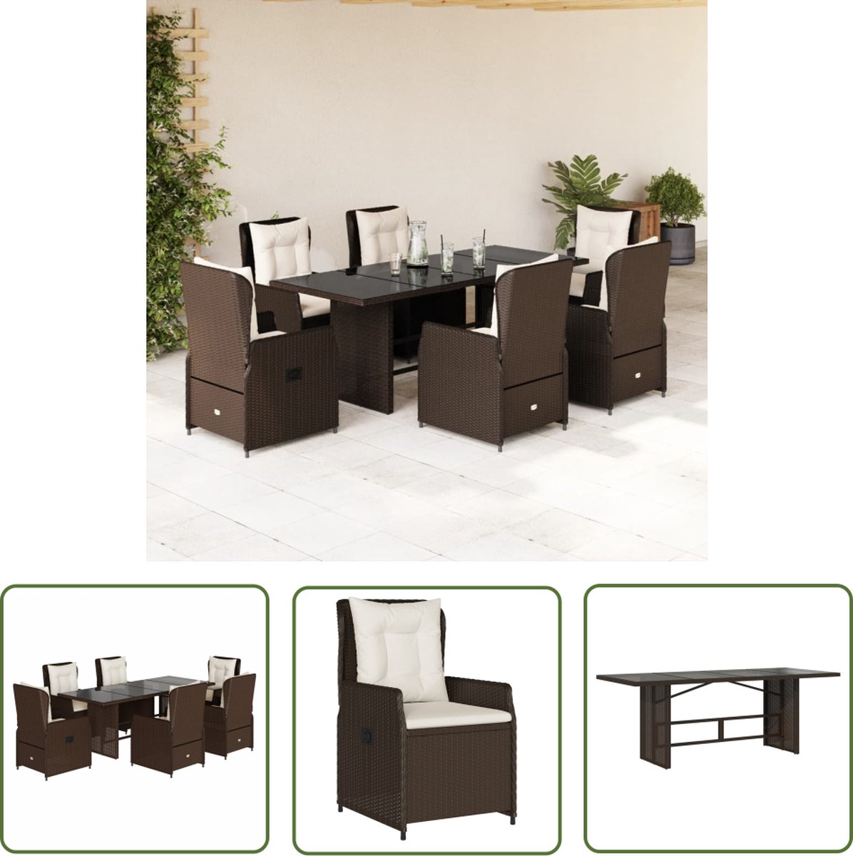 The Living Store 7-delige Tuinset met kussens poly rattan bruin - Tuinset - Lounge Set - Buitenshuis Dineren - Patio Furniture - Garden Chairs Bruine poly rattan tuinset met kussens voor buiten dineren en loungen.