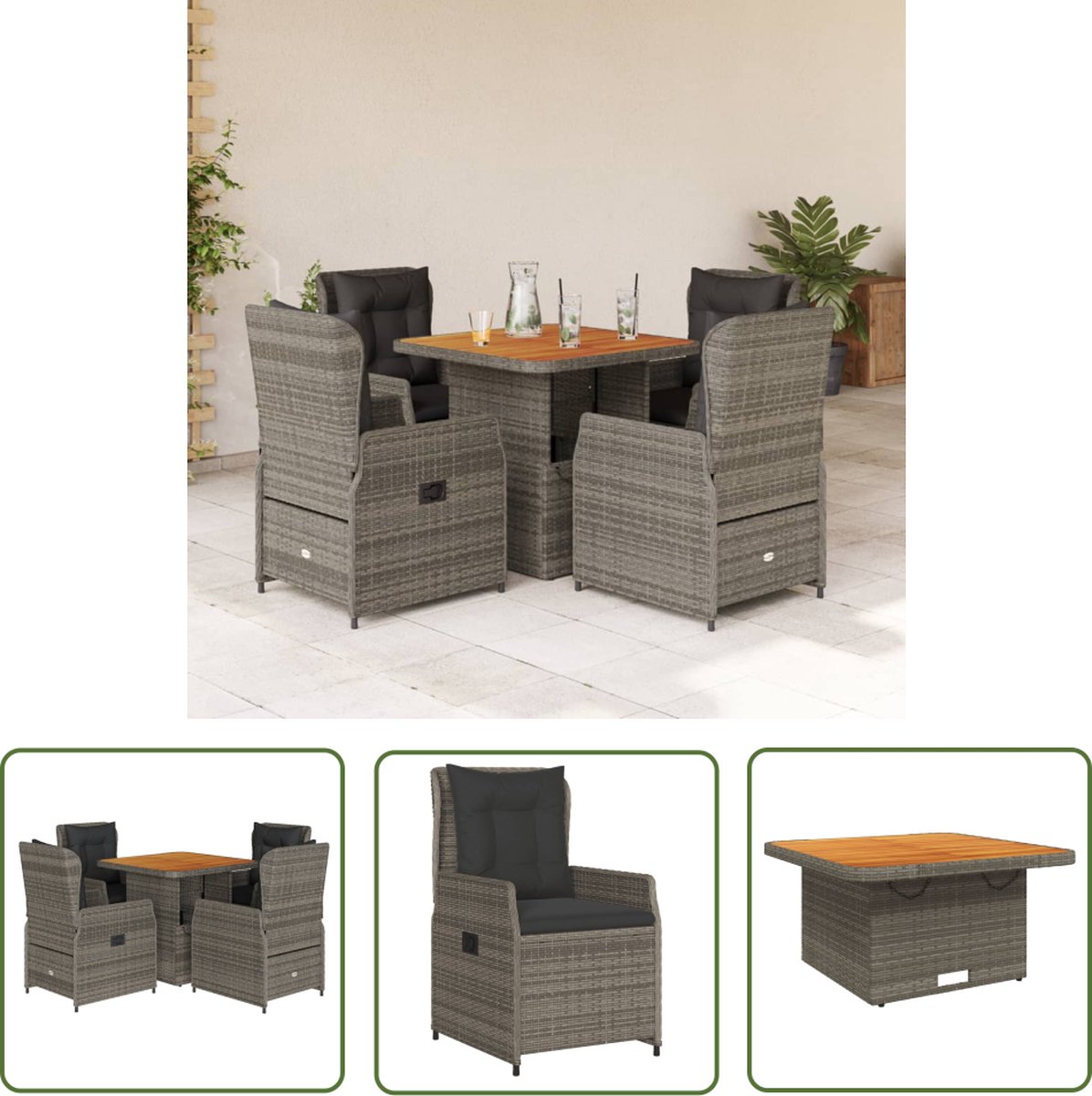 Grijze poly rattan tuinset met kussens en eettafel - The Living Store.