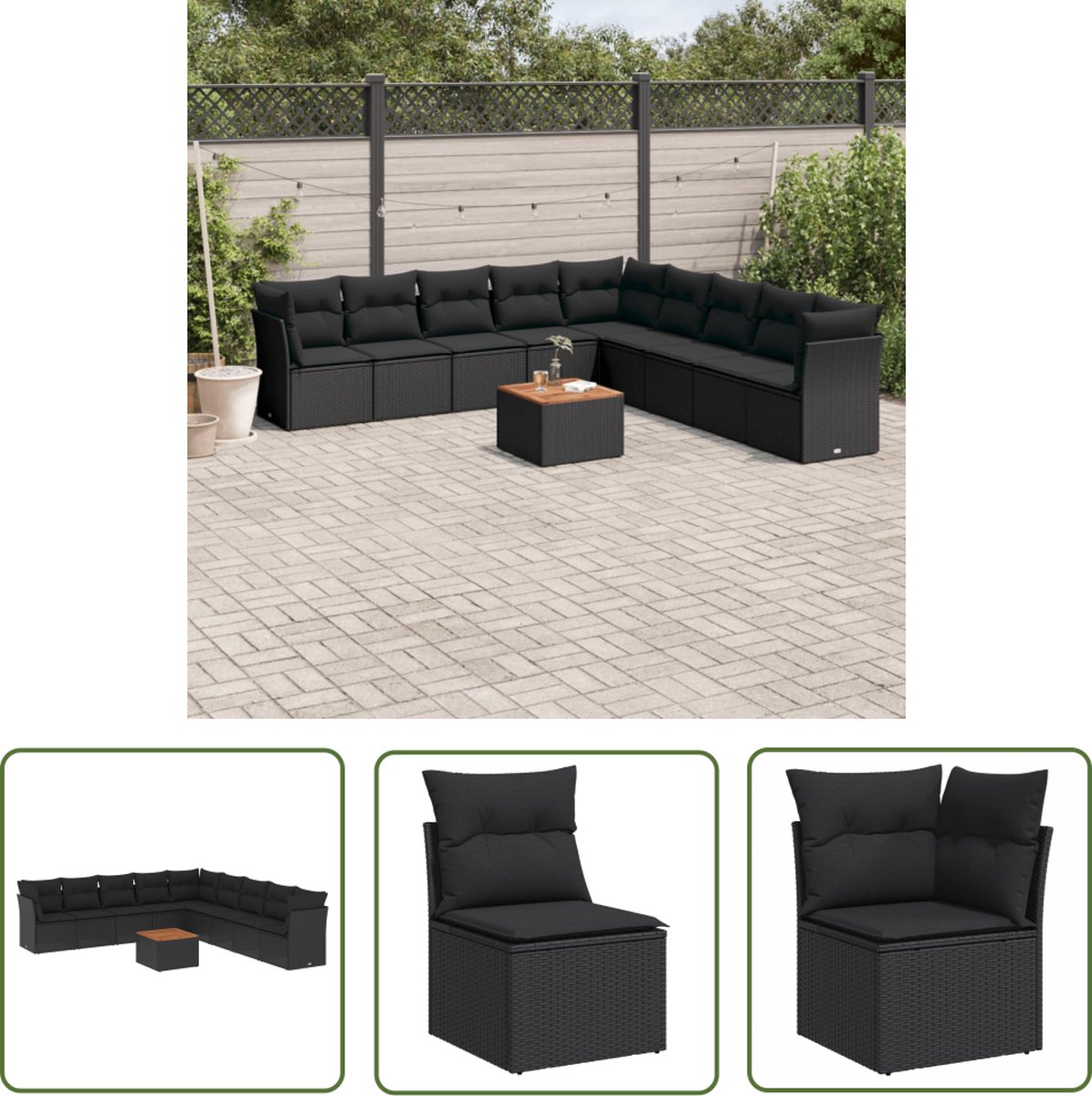 The Living Store 10-delige Loungeset met kussens poly rattan zwart - Loungeset - Loungemeubels - Buitendecoratie - Tuinmeubelen - PE-rattan