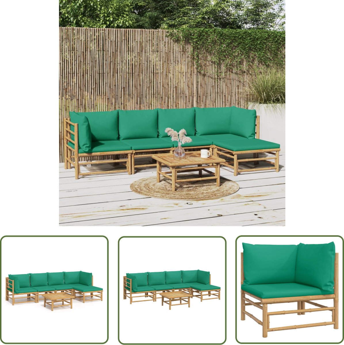 Loungeset met groene bamboe kussens en tuinstoel - Bamboe design.