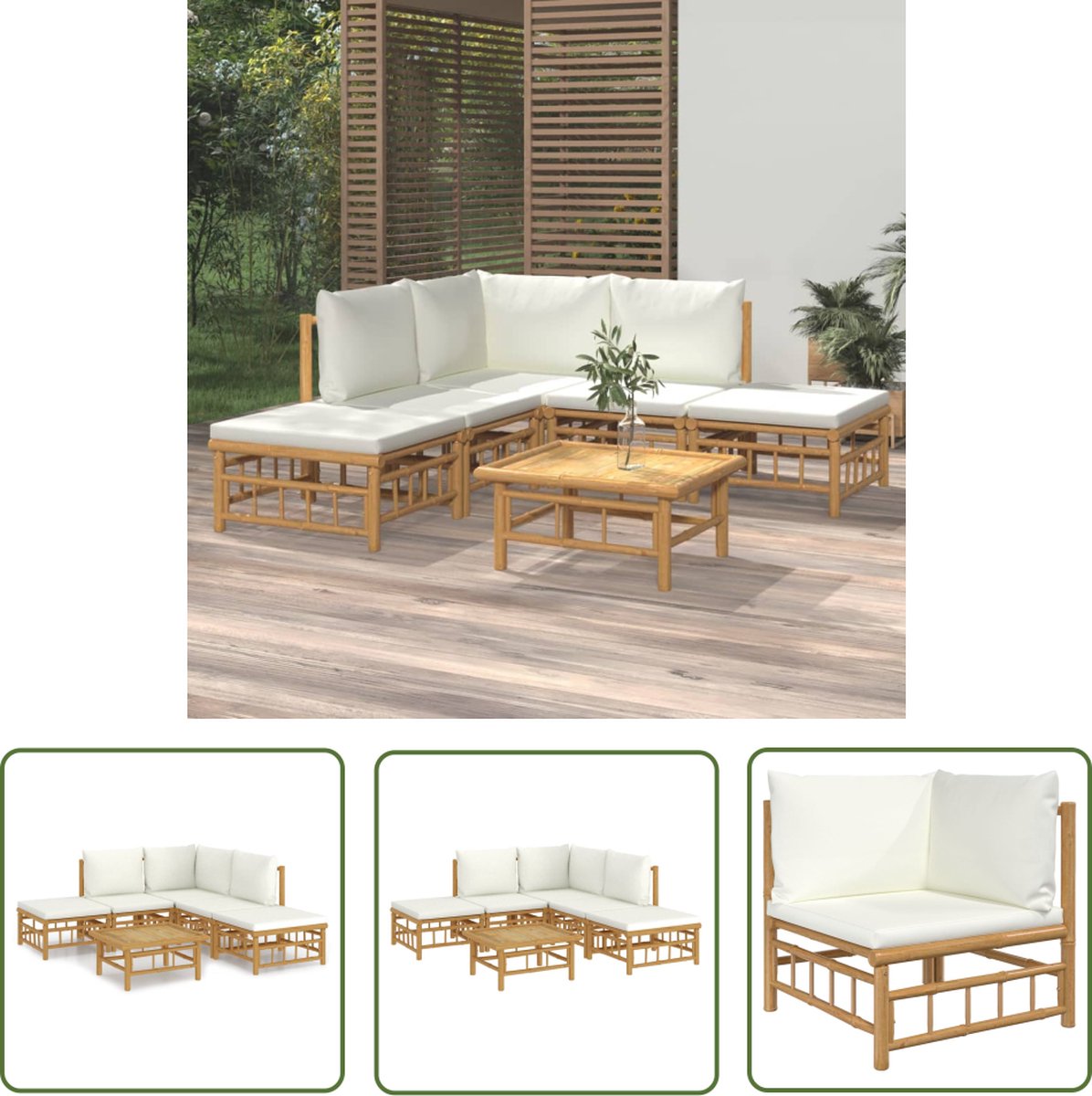 6-delige loungeset van bamboe in crèmewit met kussens - Buitenspeeltuin en tuinstoel.