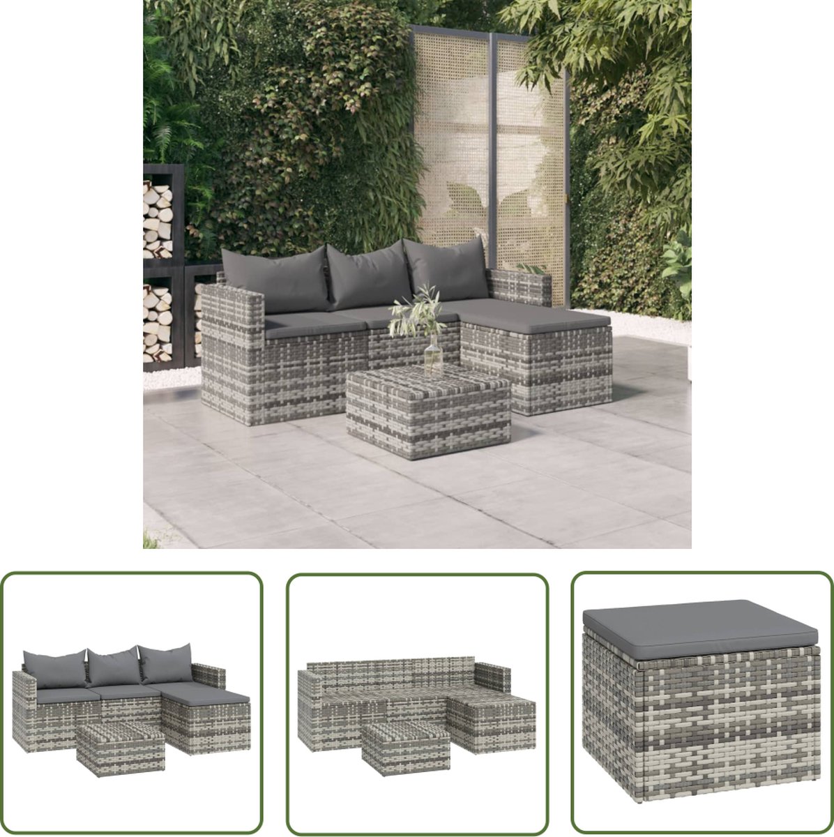 The Living Store 3-delige Loungeset met kussens poly rattan grijs - Loungeset - Lounge Set - Tuinset - Buitendinerset - Garden Furniture