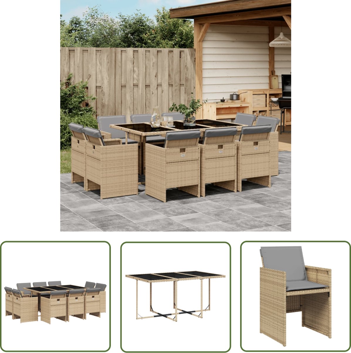 The Living Store 11-delige Tuinset met kussens poly rattan gemengd beige - Tuinmeubilair - Tuinset - Ratan - Buitentijd - Eetkamerset