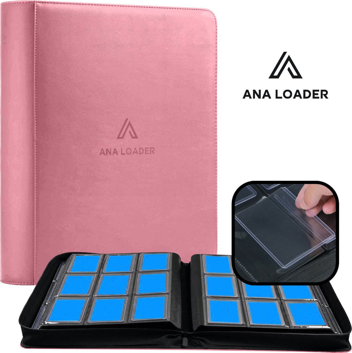 Ana Premium Toploader Binder Roze - Geschikt voor 252 kaarten - Trading cards verzamelmap met rits sluiting - Toploader map - Top loader map geschikt voor Pokémon Trading cards - 9 Pocket Toploader Binder
