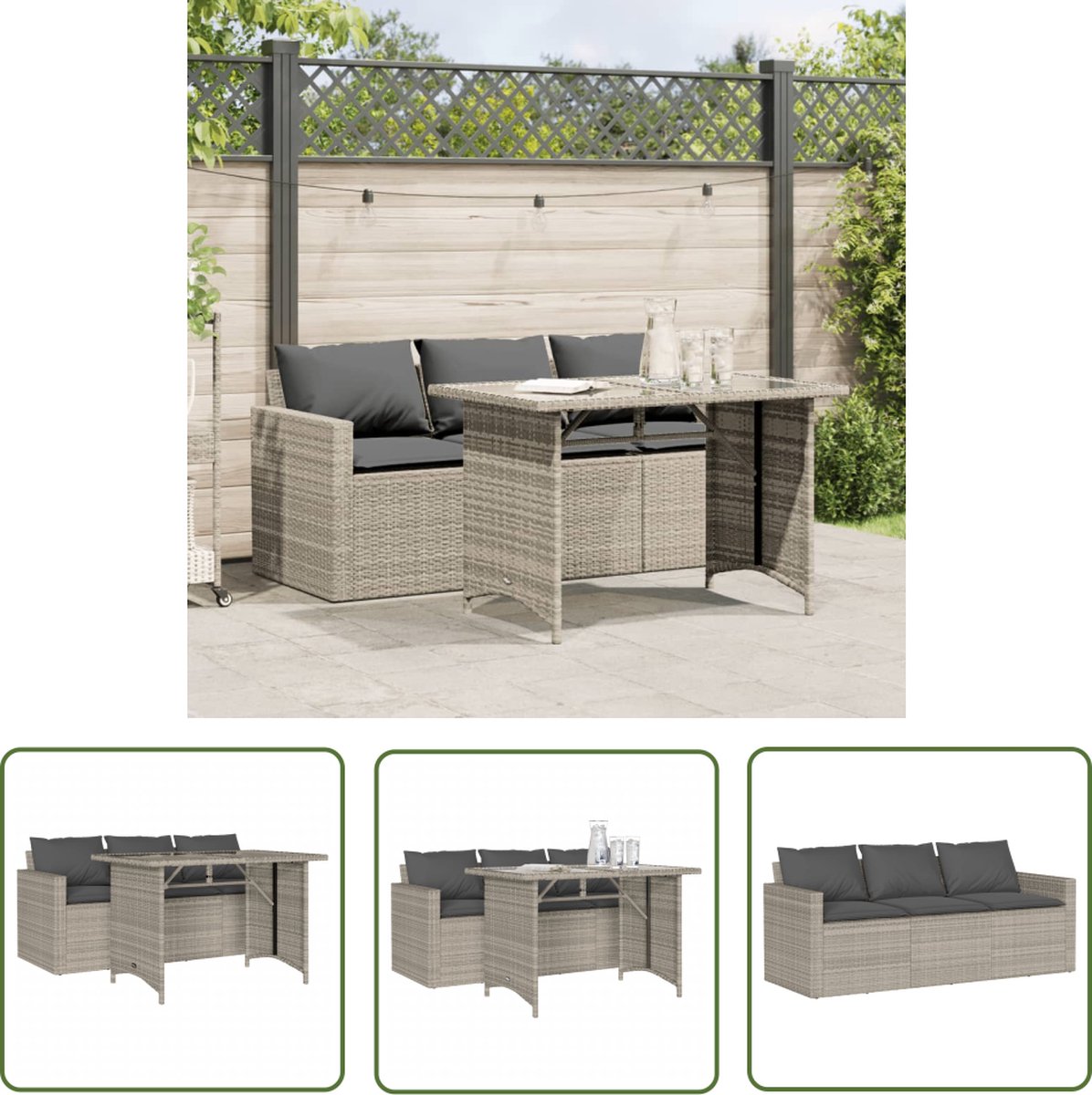 The Living Store 2-delige Tuinset met kussens poly rattan lichtgrijs - Tuinset - Lounge Set - Buitendecoratie - Terrasmeubilair - Eetkamerset