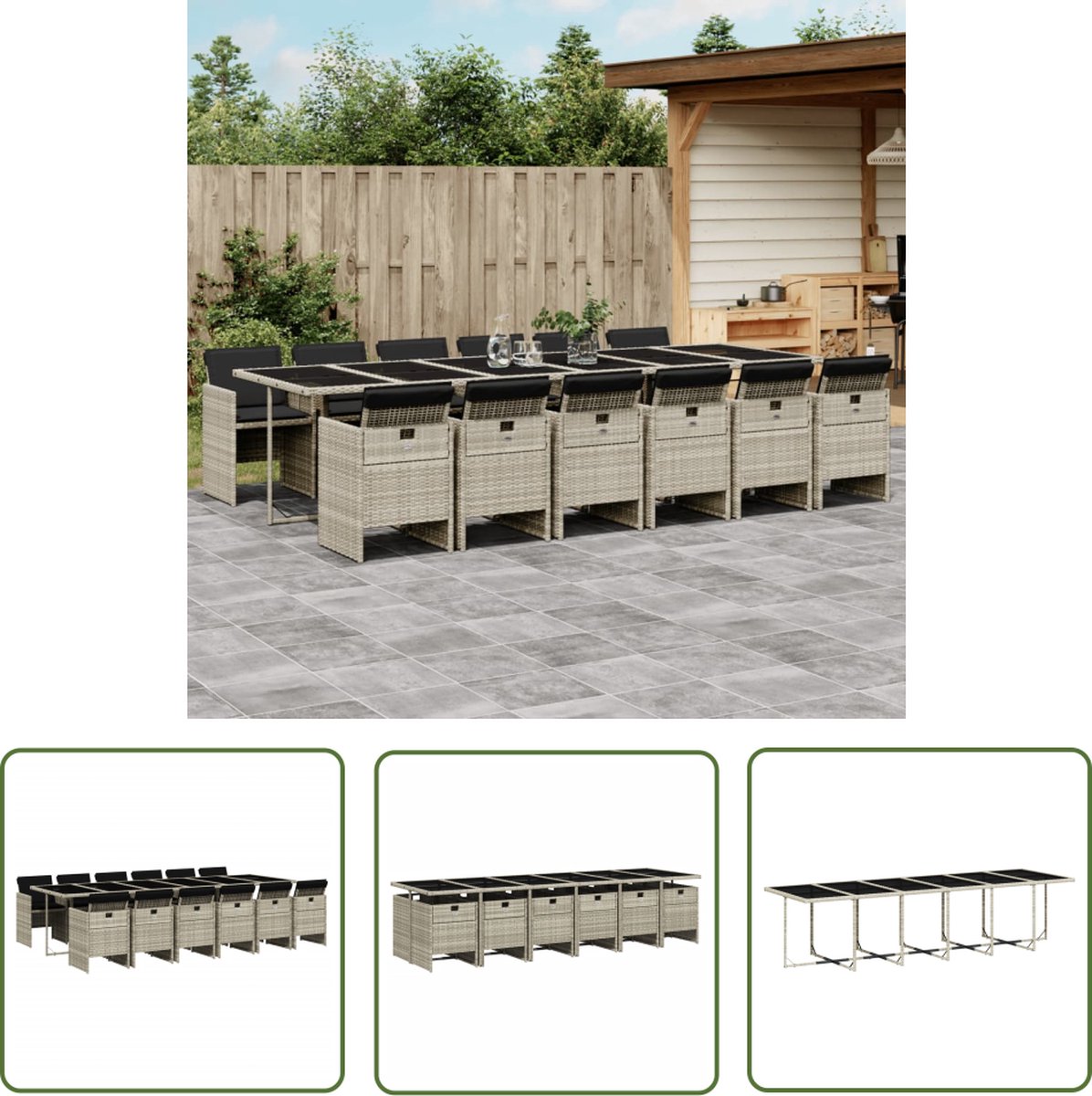 The Living Store 13-delige Tuinset met kussens poly rattan lichtgrijs - Tuinset - Lounge Set - Buitendecoratie - Outdoor Furniture - Eetkamerset