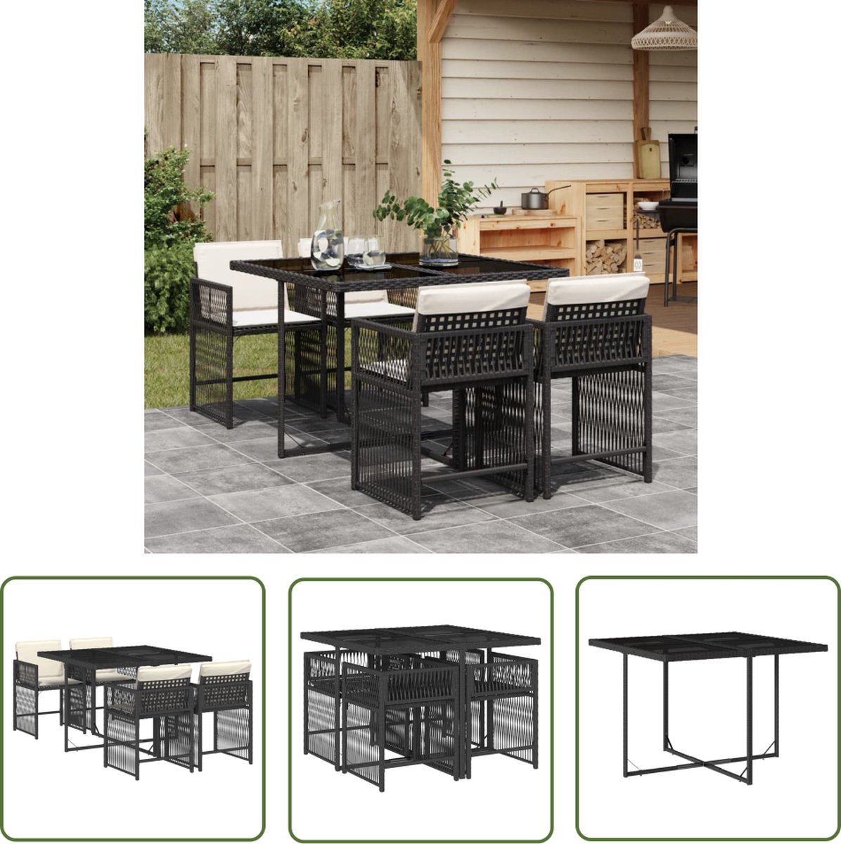 Zwarte poly rattan tuinset met kussens voor buiten - The Living Store.