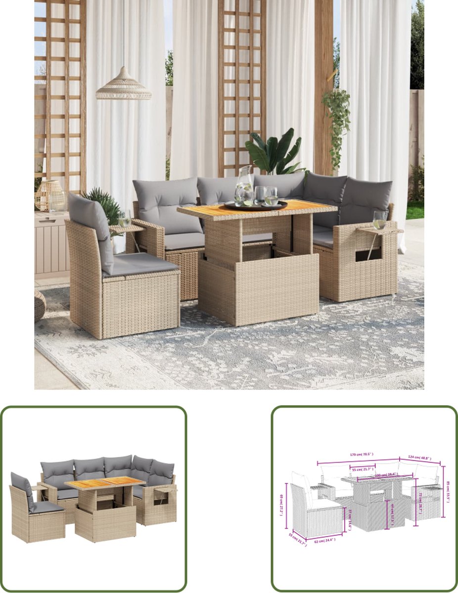 The Living Store 6-delige Loungeset met kussens poly rattan beige - Loungeset - Tuinset - Lounge Set - PE Rattan - Buitendecoratie