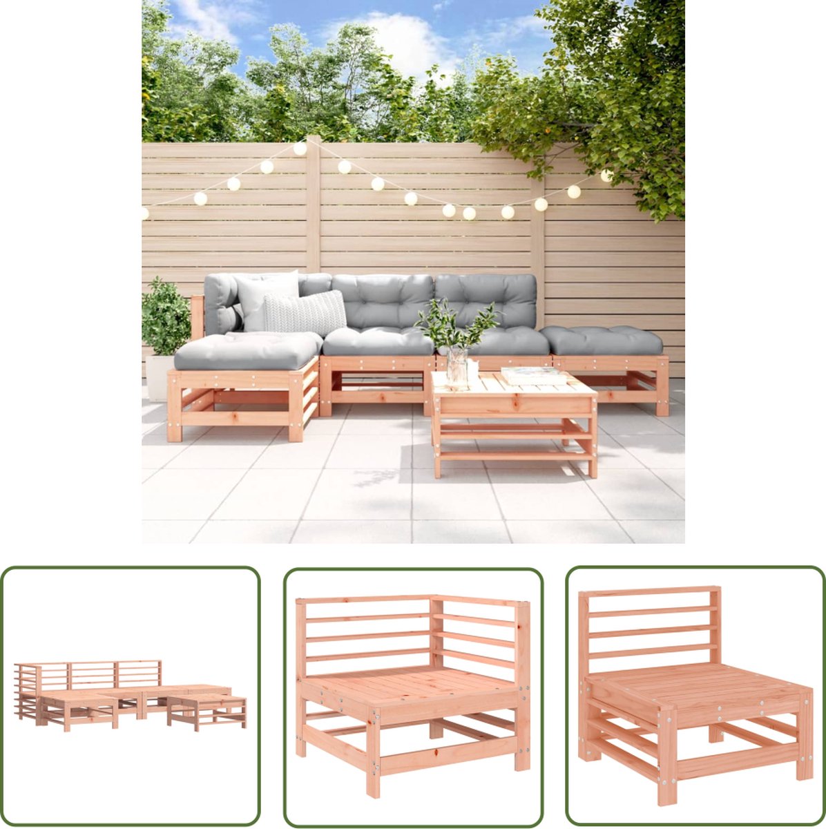Loungeset van massief douglashout met 6 delen in tuinsetting.