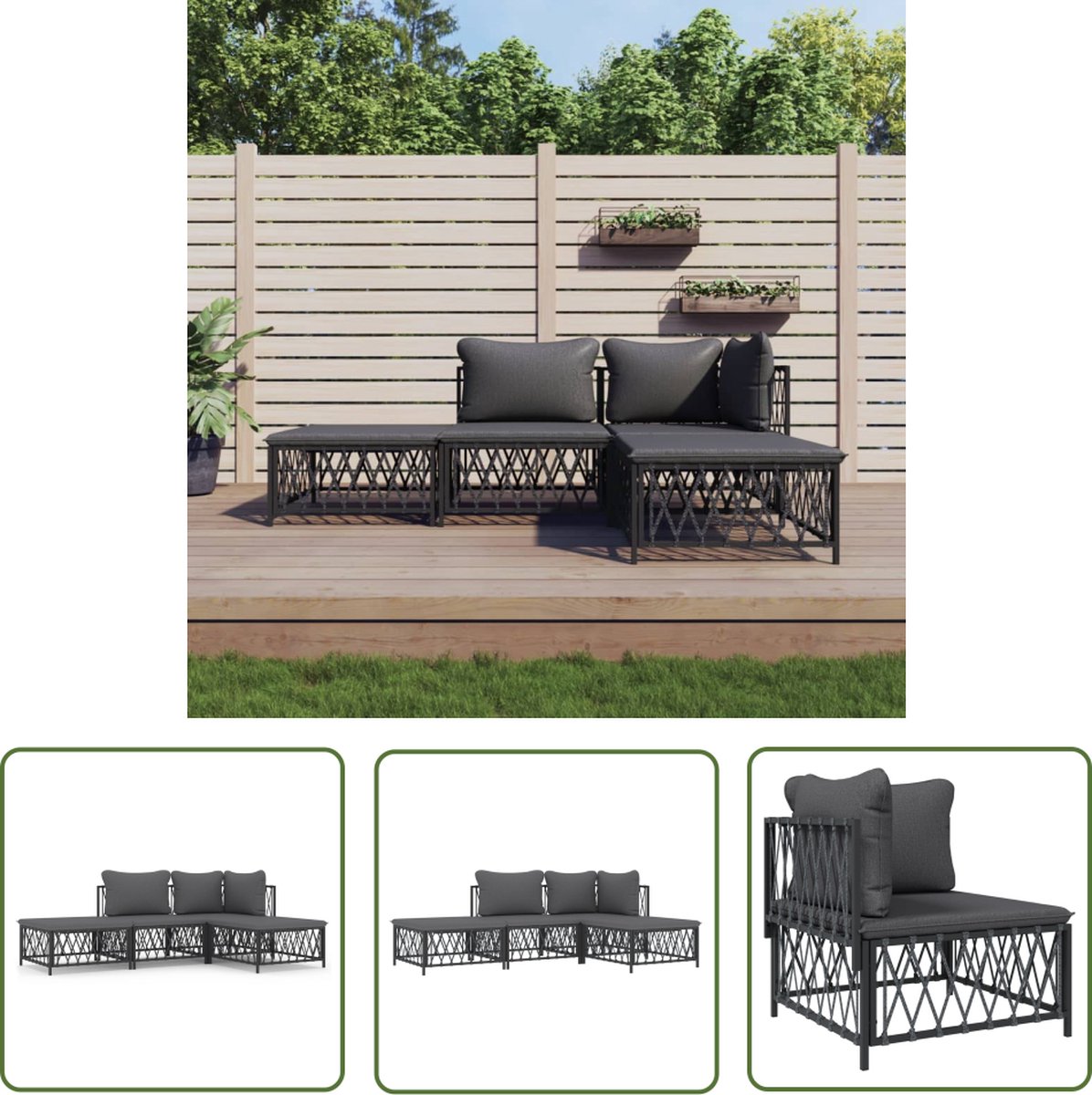 Stijlvolle antracietkleurige loungeset met kussens - Tuinmeubel in hoekopstelling.