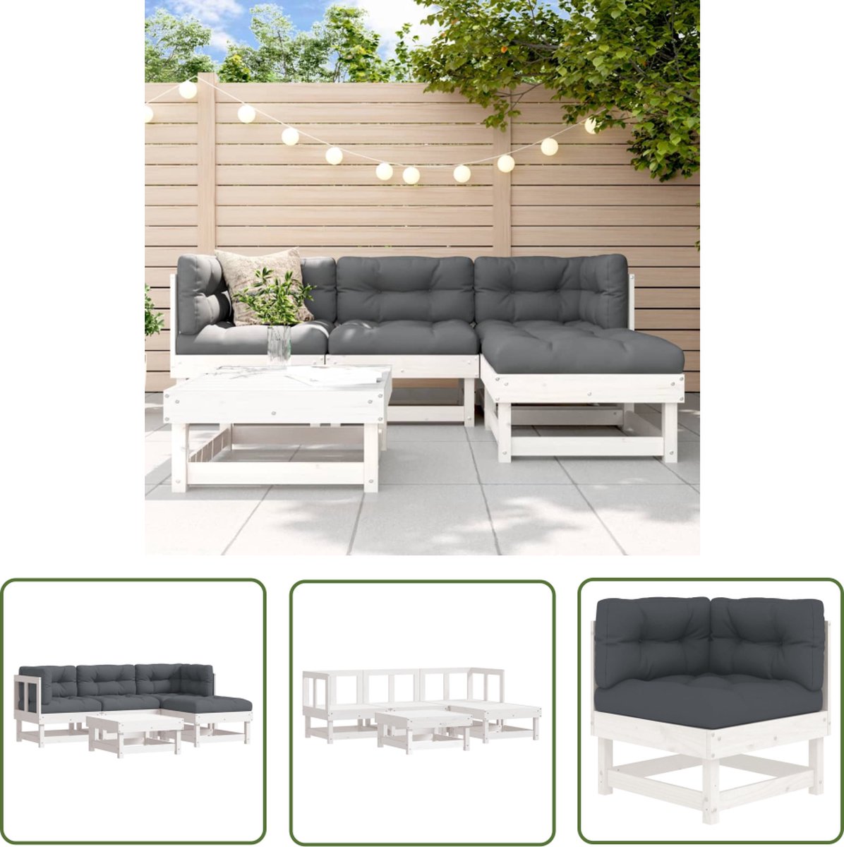 The Living Store 5-delige Loungeset met kussens massief hout wit - Loungeset - Tuinset - Buitenkamer - Lounge Bank - Garden Furniture