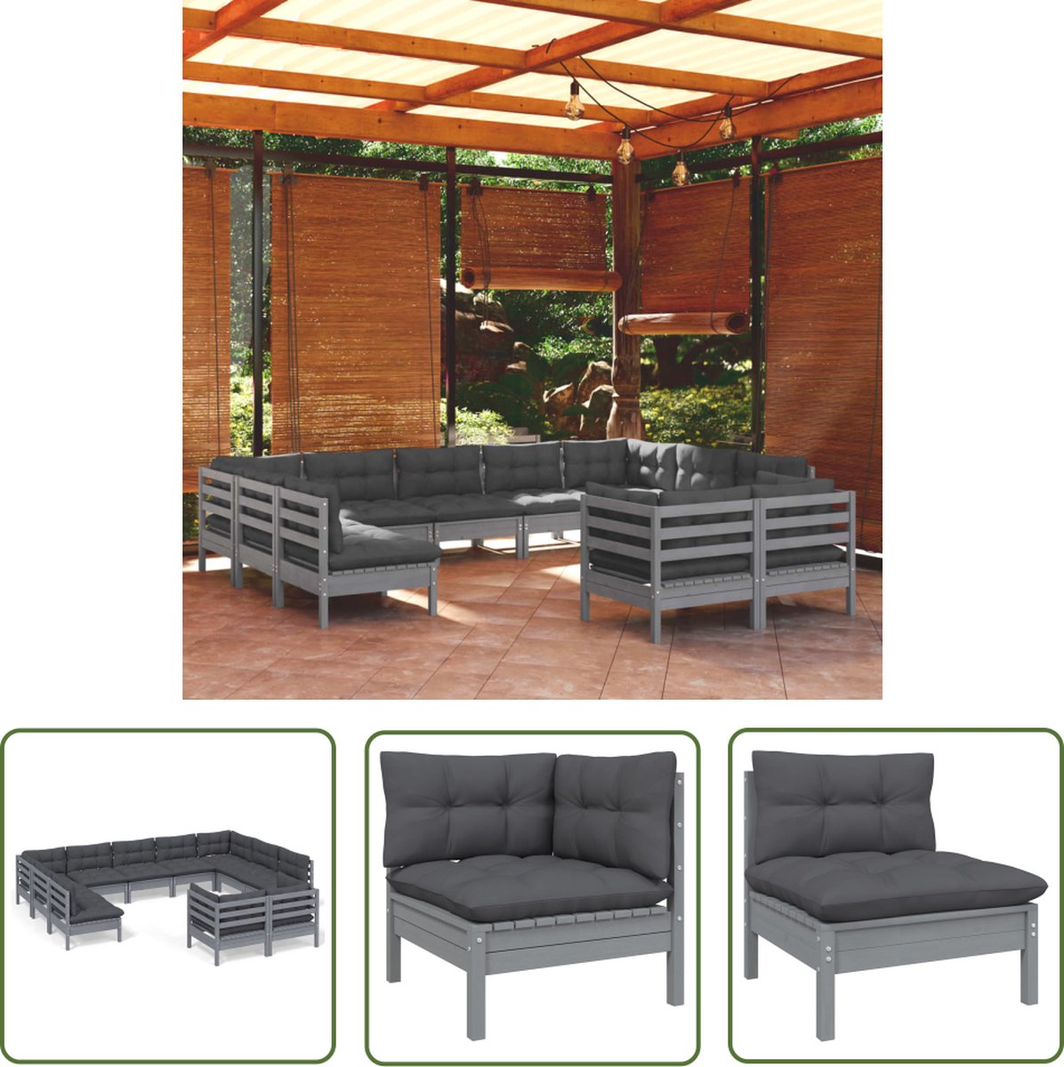 Grijze massief grenenhouten loungeset met kussens voor tuinmeubels.