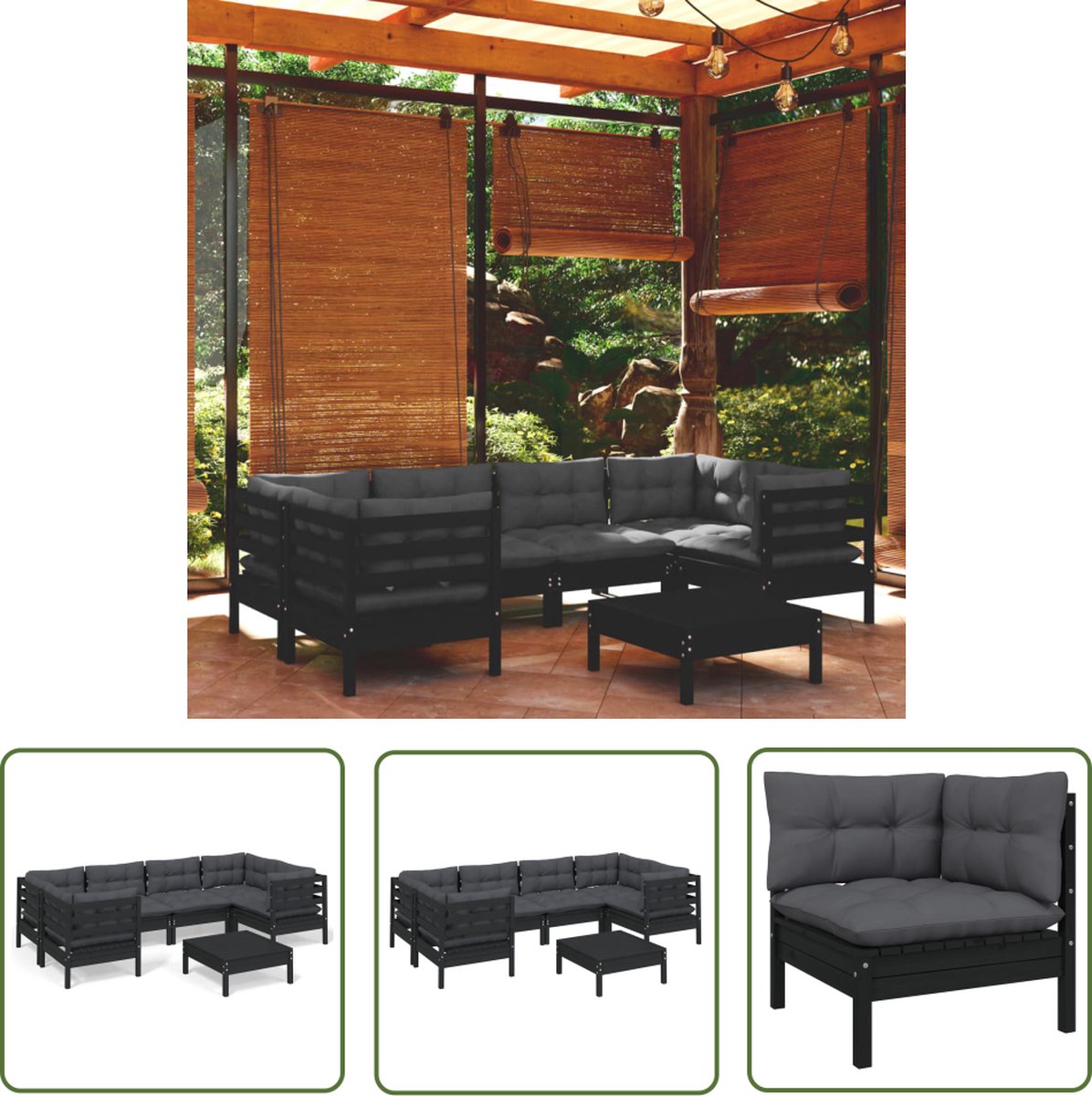The Living Store 7-delige Loungeset met kussens grenenhout zwart - Tuinlounge - Lounge Set - Grenenhouten Lounge - Zwarte Lounge - Loungestoel