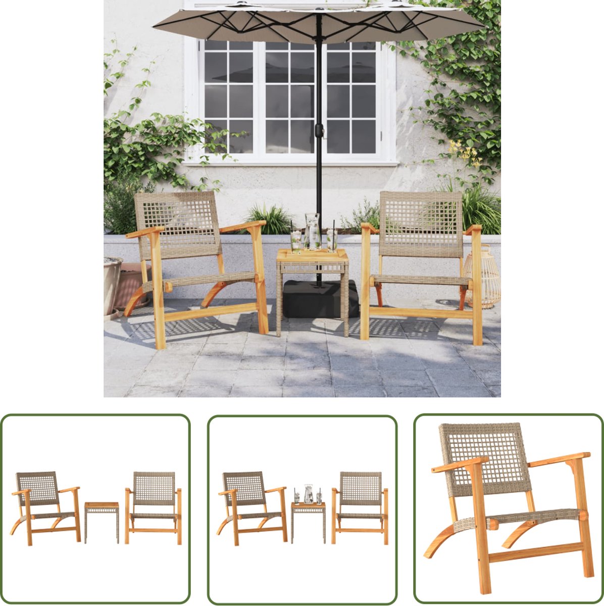 The Living Store 3-delige Bistroset poly rattan en massief acaciahout beige - Tuinmeubles - Bistroset - Lounge Set - Buitentijnen - Acacia Hout