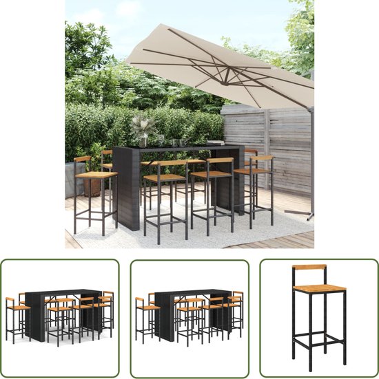 The Living Store Ensemble de bar de jardin - Rotin PE - 185 x 80 x 110 cm - noir - verre trempé - 8 chaises de bar