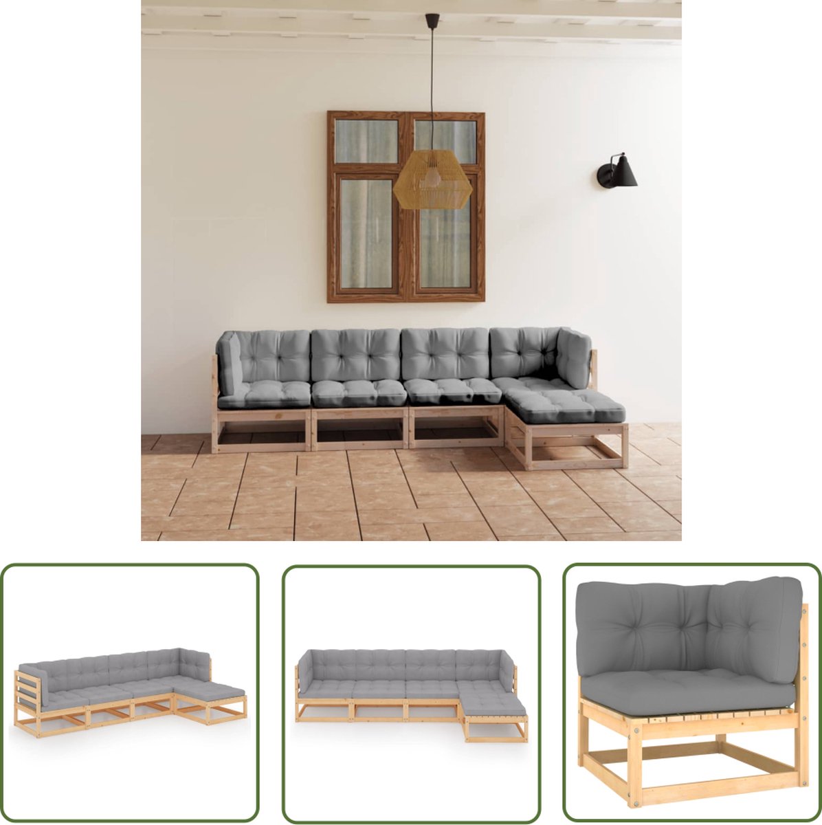 The Living Store 5-delige Loungeset met kussens massief grenenhout - Tuinmeubel - Loungebank - Buis Meubel - Houten Bank - Outdoor Furniture