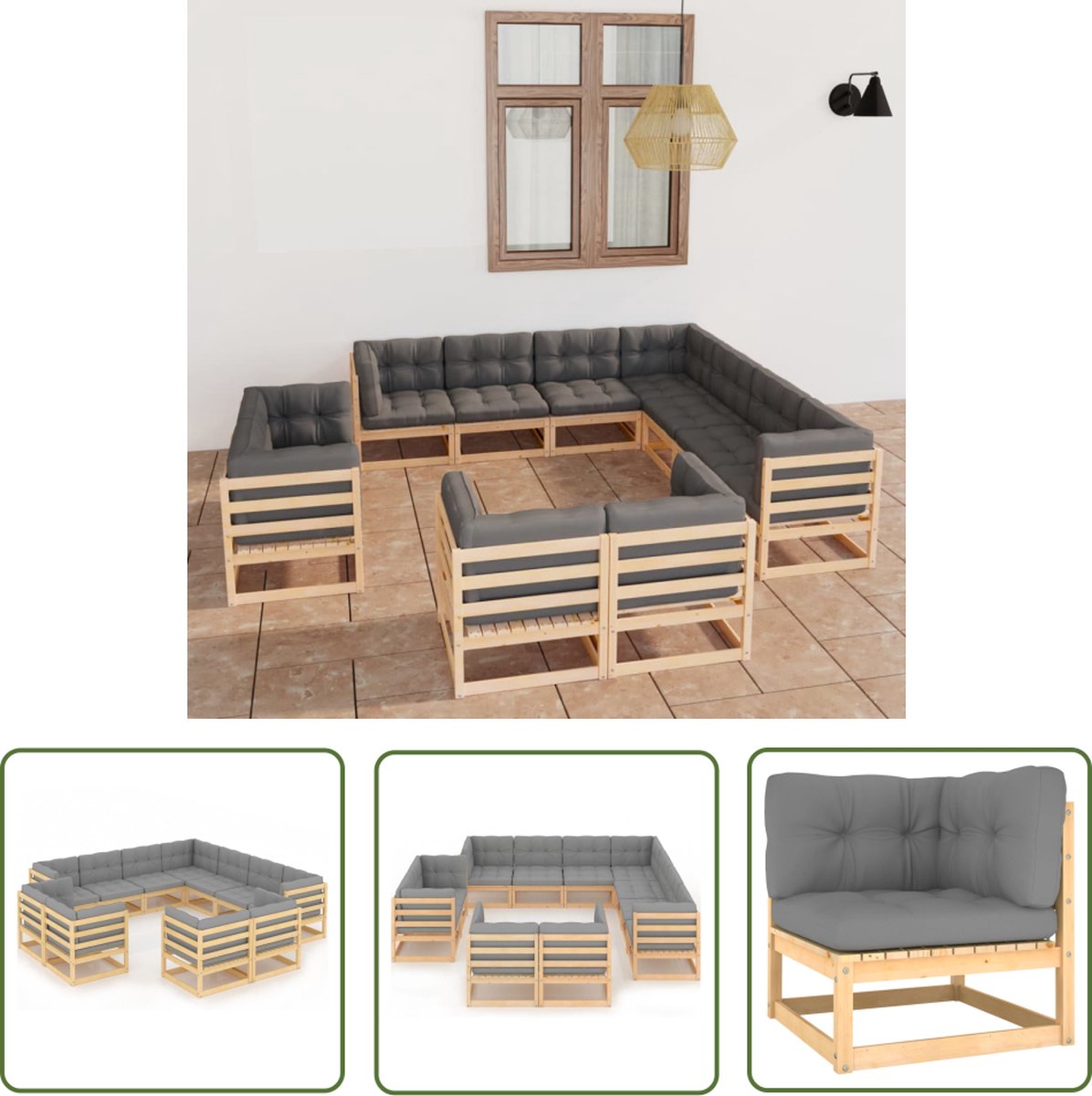 The Living Store 11-delige Loungeset met kussens massief grenenhout - Tuinmeubels - Lounge Set - Hoeksofa - Houten Bank - Buitendecor