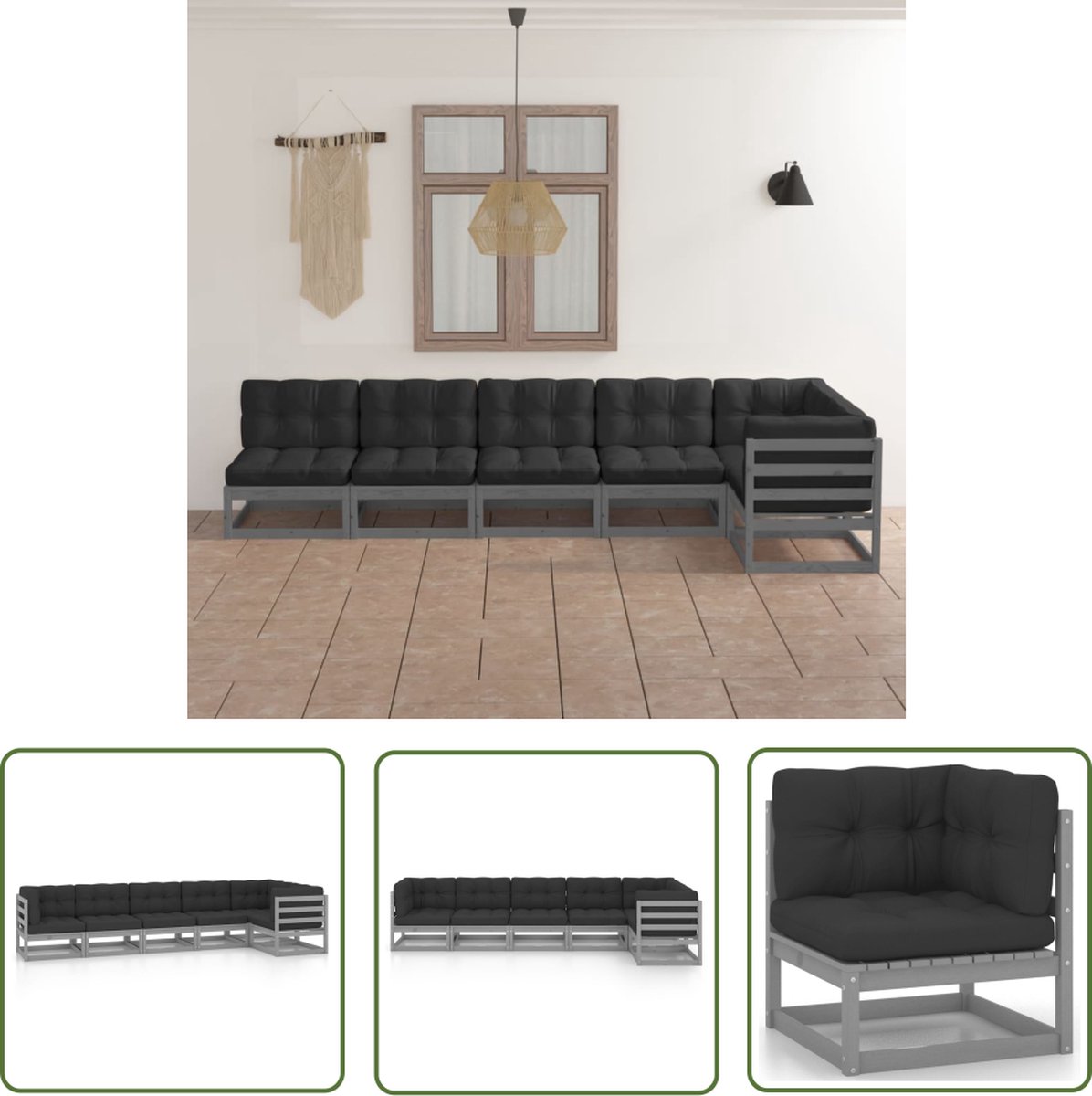 The Living Store 6-delige Loungeset met kussens massief grenenhout - Hoeken Bank - Lounge Set - Tuinbank - Buitendecor - Houten Bank