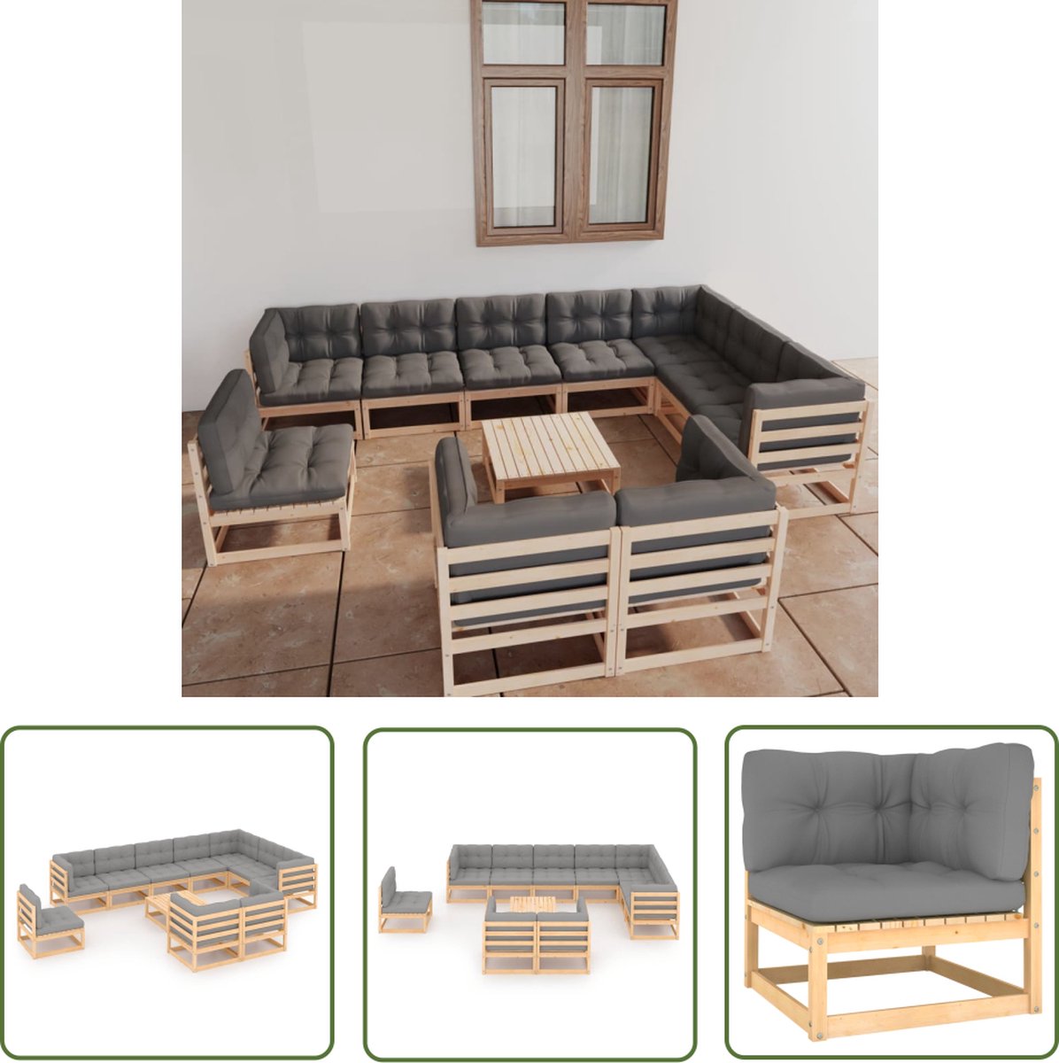 The Living Store 11-delige Loungeset met kussens massief grenenhout - Loungeset - Tuinset - Houten Lounge - Tuinmeubels - Grenenhout