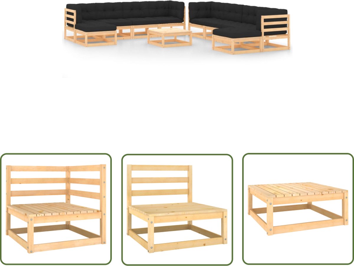 11-delige loungeset met antracietkleurige kussens en grenenhouten frame.