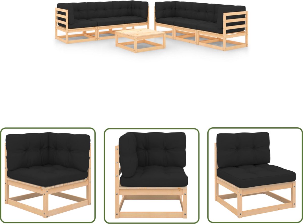 The Living Store 7-delige Loungeset met kussens massief grenenhout - Tuinmeubels - Lounge Set - Houten Tuinbank - Grenenhouten Set - Buitendining
