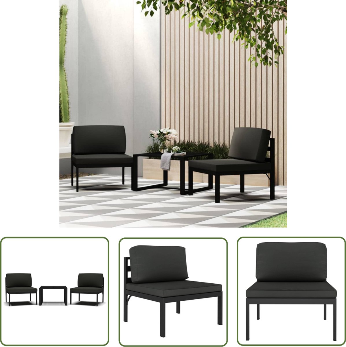 The Living Store 3-delige Loungeset met kussens aluminium antracietkleurig - Tuinstoel - Lounge Set - Buitentijd - Aluminium Meubel - Buitenkamer