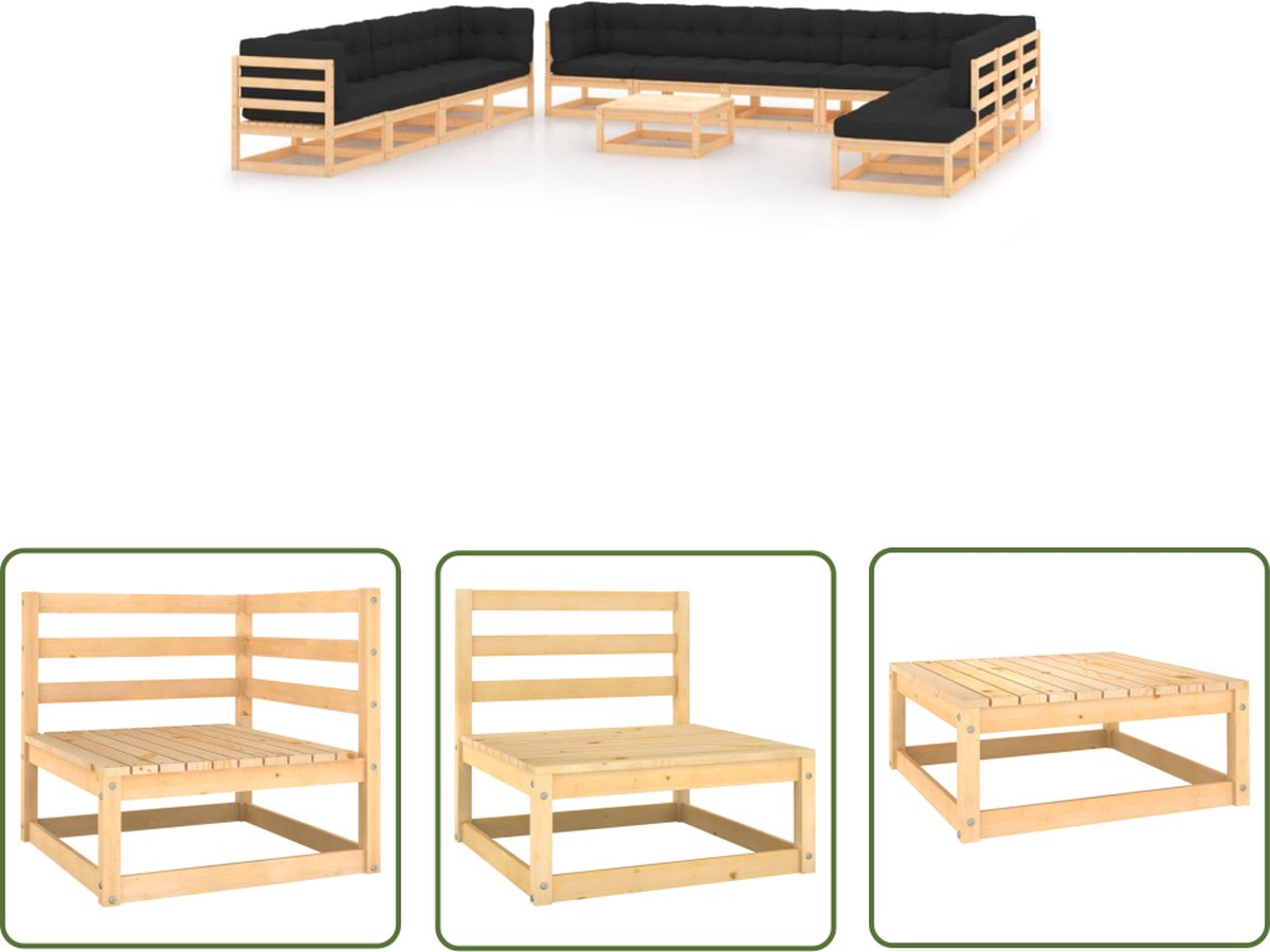 The Living Store 13-delige Loungeset met antracietkleurige kussens grenenhout - Loungestoel - Lounge Set - Tuinstoel - Buitendecor - Teak