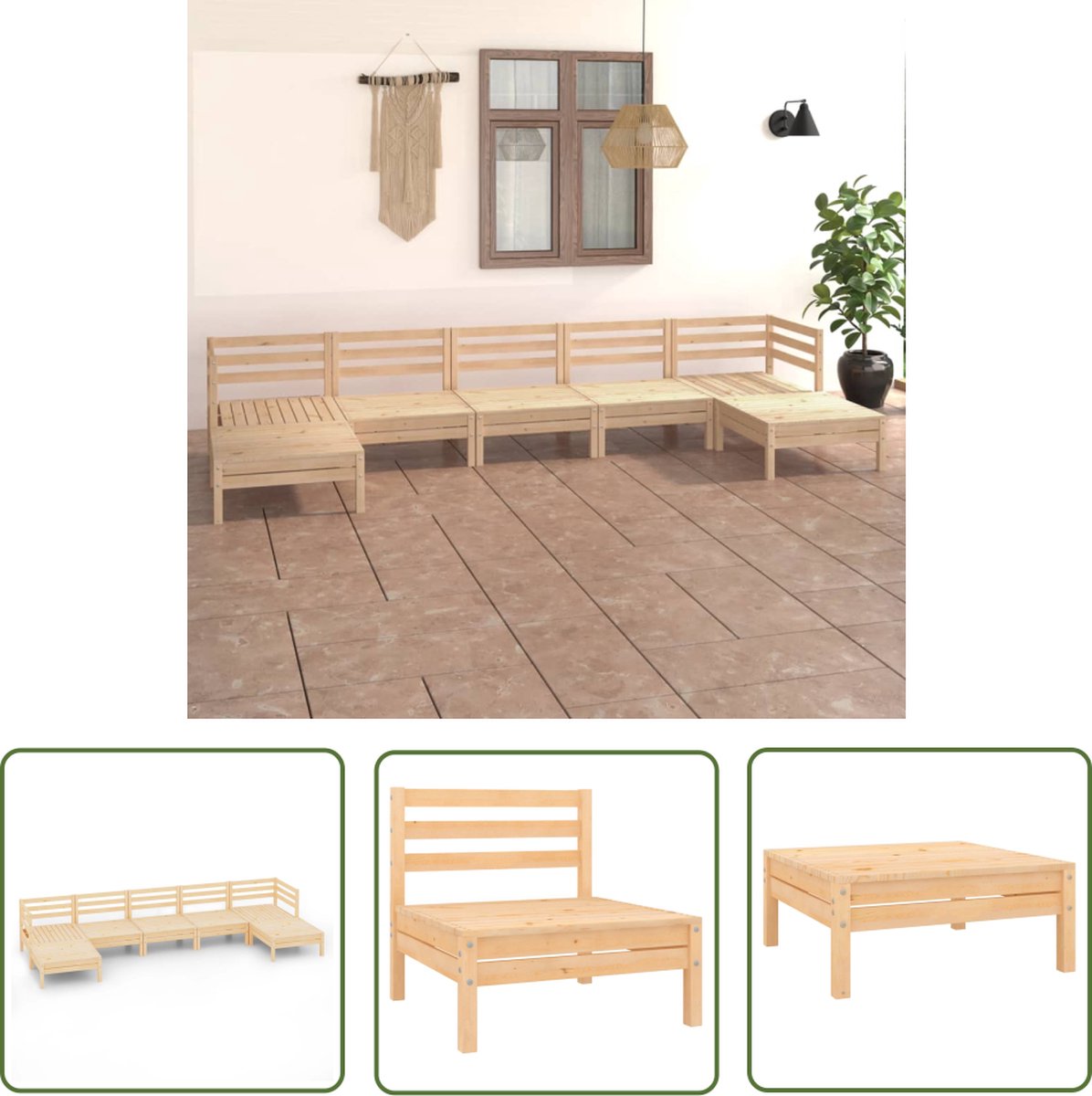 The Living Store 7-delige Loungeset massief grenenhout - Loungeset - Tuinmeubilair - Hout - Grenenhout - Palletstijl