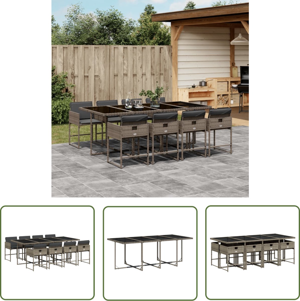 The Living Store 9-delige Tuinset met kussens poly rattan grijs - Tuinset - Buitendecoratie - Lounge Set - Eetkamerset - Patio Furniture