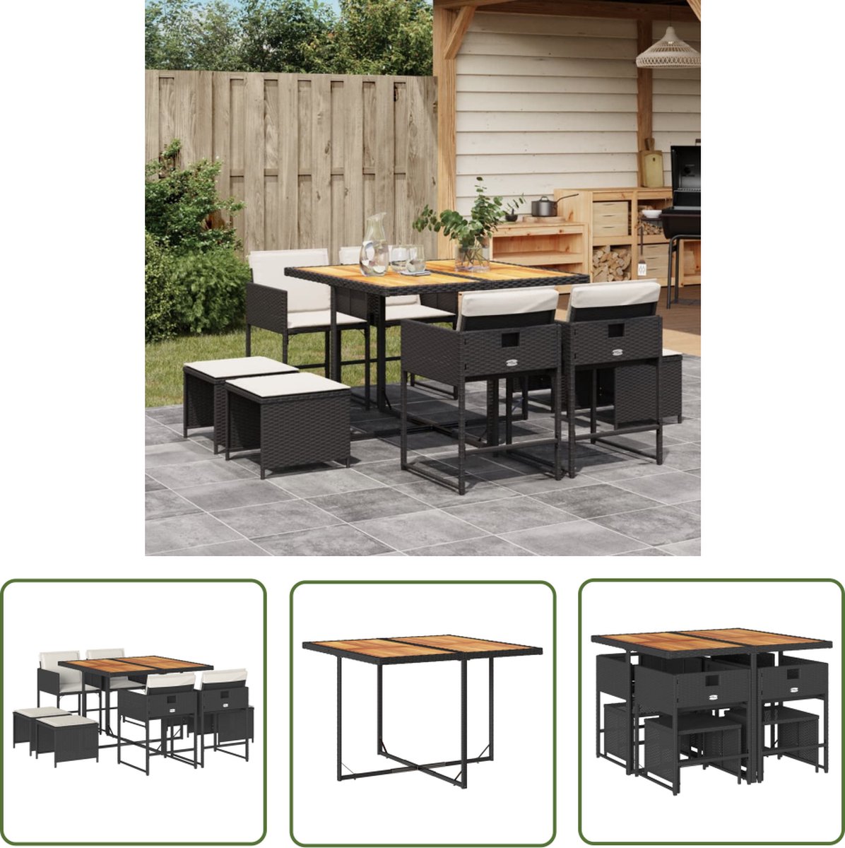 Zwarte poly rattan tuinset met 9-delige set - The Living Store.