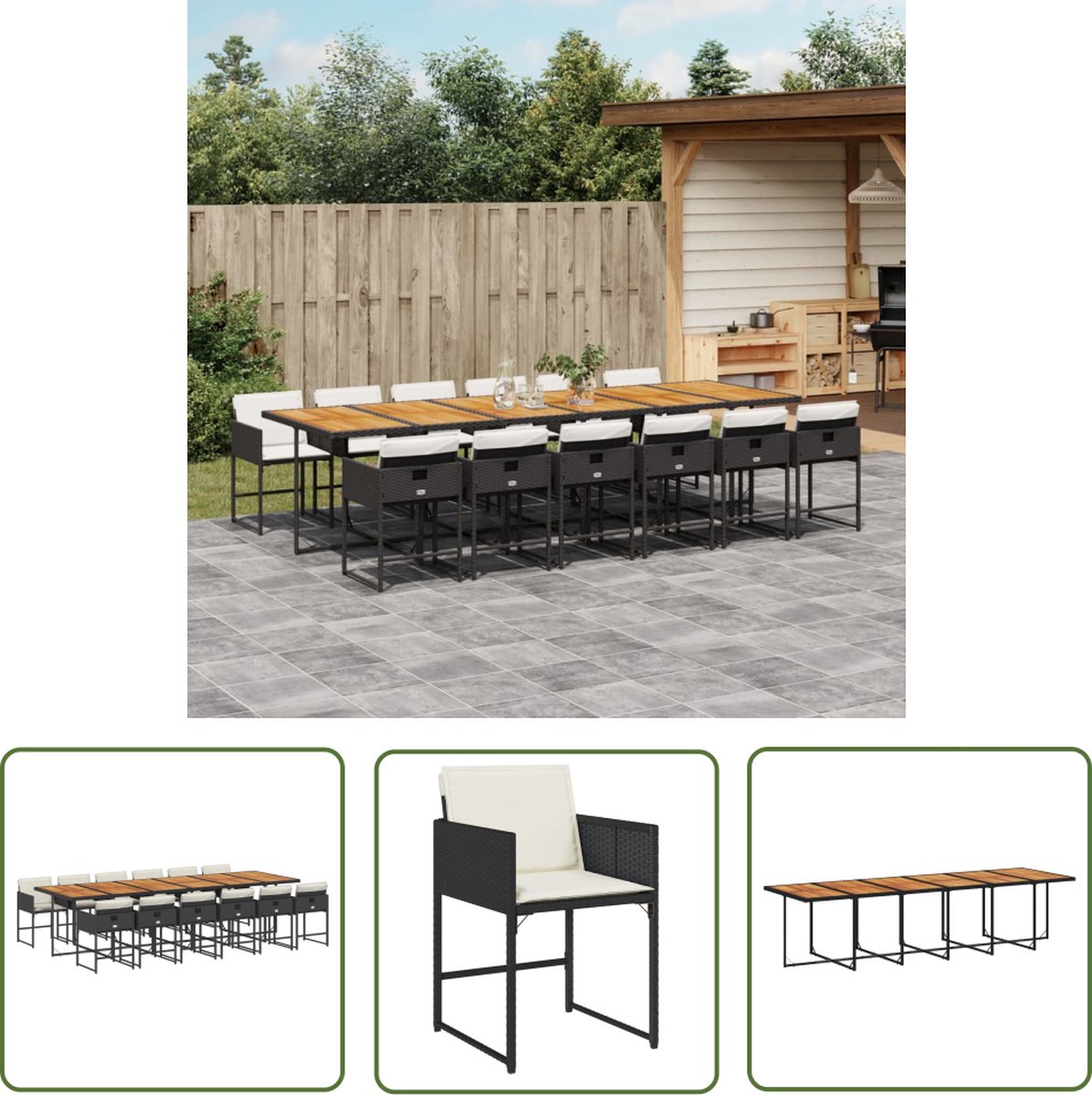 Zwarte poly rattan tuinset met kussens - The Living Store.