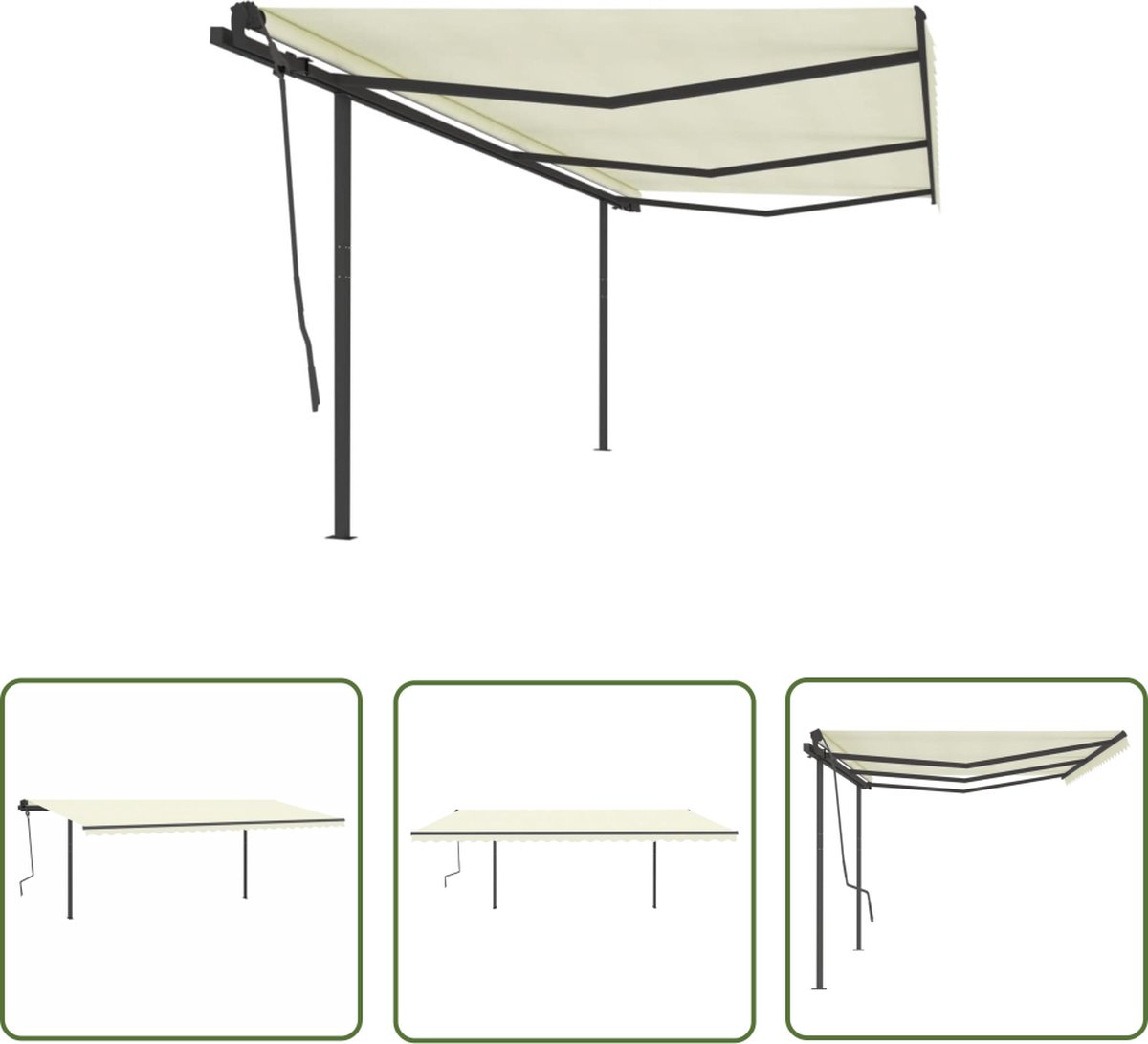 Handmatig uittrekbare crèmekleurige tuinluifel met palen, 6x3,5 m - Zonnebescherming voor buiten.