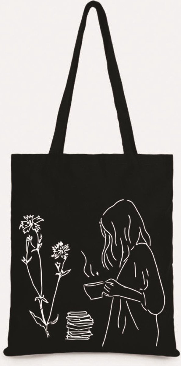 Kwube Dames Tassen - Cadeau Tas Zwart Voor Dames Cadeau - Katoenen Tas Zwart Voor Dames - Kado Tas - Tasje - Shopper - Tote Bag - Zwart Katoen - Linnen Tas - Bloemen, Boek En Meisje Design - 35x40 Cm - Schoudertas - Boodschappentas - Cadeau Voor Haar