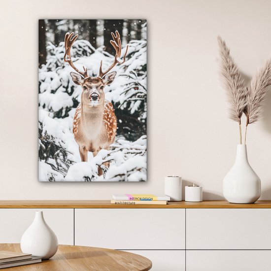 Peinture sur toile 60x90 cm - Décoration murale Cerf - Neige - Hiver - Forêt - Animaux - Décoration murale murale salon - Décoration chambre - Accessoires de chambre - Peintures