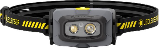 Grijze hoofdlamp met twee lampjes en een zwarte band met gele strepen en 'LEDLENSER' logo.