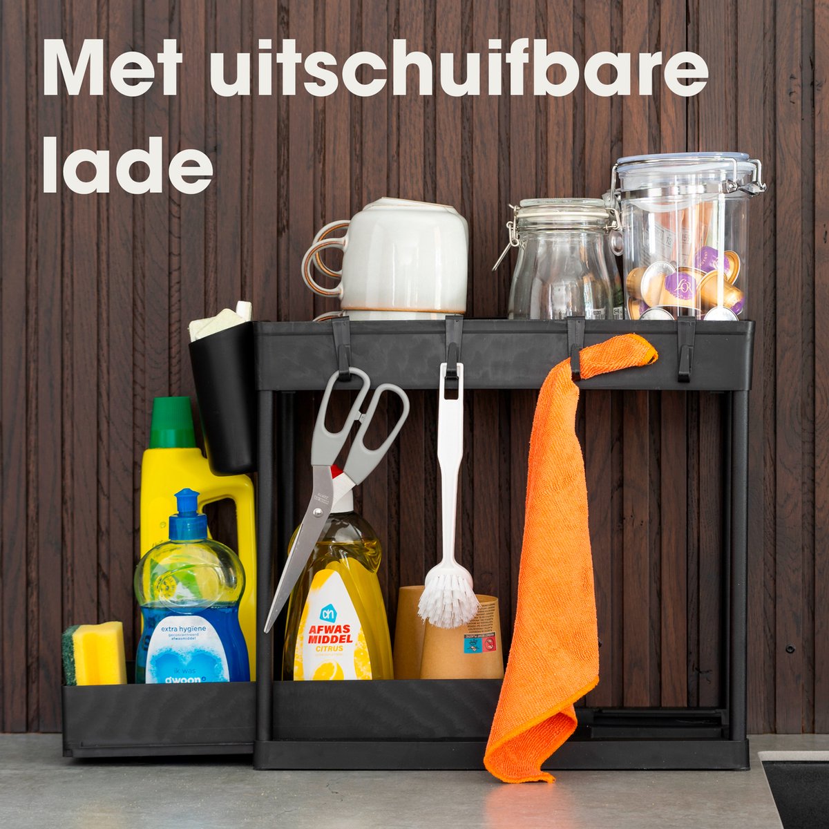 Wellewares - Keukenkast Organizer - Gootsteenkast Organizer met Uitschuifbare Lade Gootsteen - Zwart — cadeau in Cadeau-ideeën - foto 2