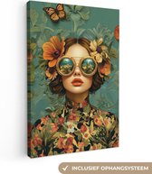Canvas schilderij 80x120 cm - Wanddecoratie Vrouw - Bloemen - Vlinders - Natuur - Vintage - Muurdecoratie woonkamer - Slaapkamer decoratie - Kamer accessoires - Schilderijen op canvas