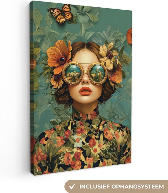 Peinture sur toile 80x120 cm - Décoration murale Femme - Fleurs - Papillons - Nature - Vintage - Décoration murale murale salon - Décoration chambre - Accessoires de chambre - Peintures