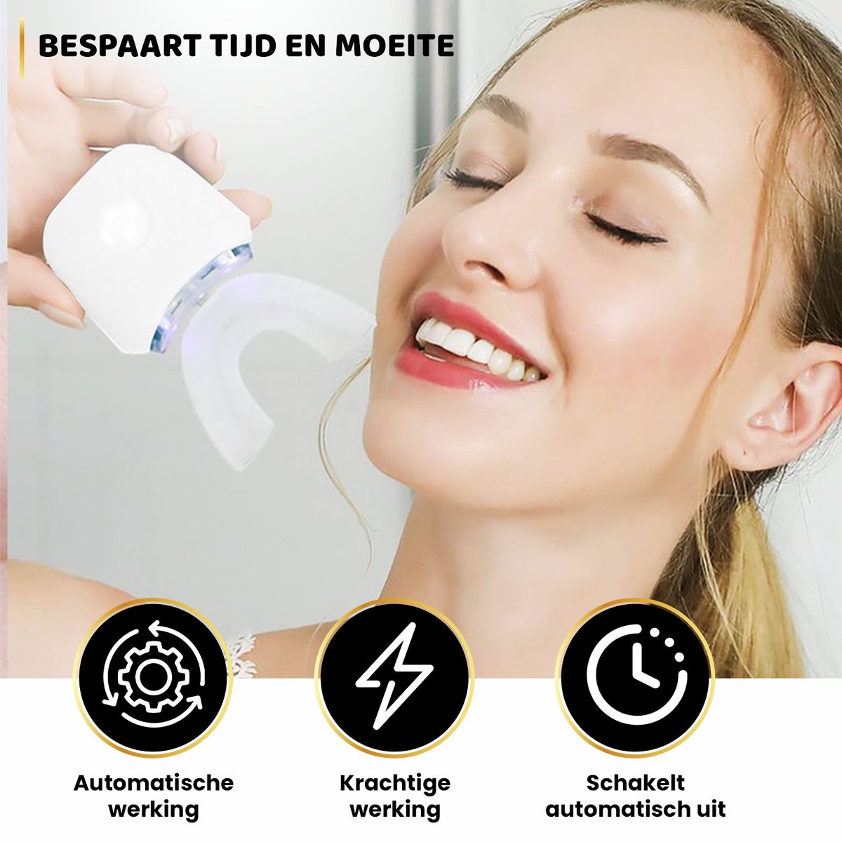 Afbeelding 3 van BeautyVlijt - Automatische Elektrische Tandenborstel - Tanden Bleken en Reinigen - Handsfree - UV Blauw Licht - 360° - Tandenreiniger voor Wittere Tanden - 4 Standen - Waterbestendig - Teeth Whitening - Oplaadbaar - Inclusief 5 Tandenbleek Sets