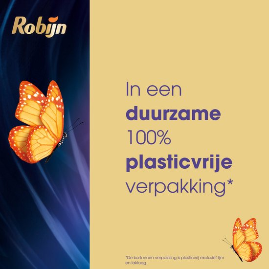 Verpakking met gouden vlinders en tekst in het Nederlands over 100% plasticvrije verpakking.
