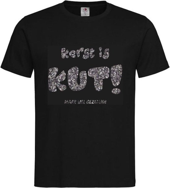 T-shirt Unisex Volwassenen Kerst Kerstmis Man Vrouw Grappig Tekst "Kerst is KUT maar wel gezellig!!" Op Voorkant | korte mouw | Zwart/Silver black GLITTER | maat L