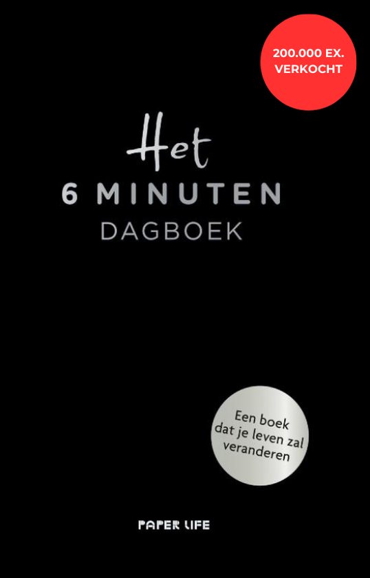 Zwarte kaft met "Het 6 minuten dagboek" en "200.000 ex. verkocht" in het rood.