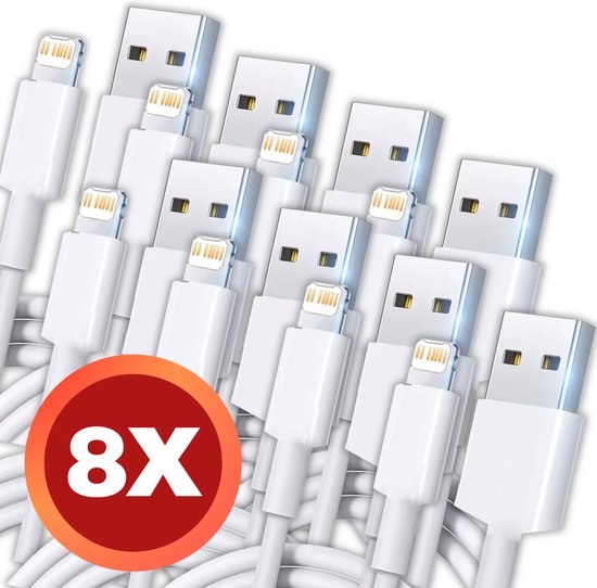 8x Oplader - Geschikt voor Lightning naar USB A Kabel - Oplaadkabel geschikt voor iPhone X/11/12/13/14 - Opladers - Wit