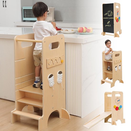 Olvy Kids - 4-in-1 Leertoren - Keukenhulp - Learning Tower - Montessori Leertoren - Kindertrap - Keukentoren