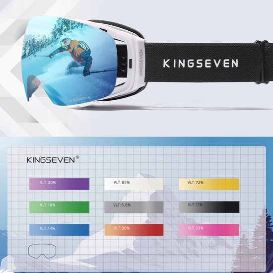 Skibril met zwart band met KINGSEN logo, weergave van kleuren en VLT-waarden.