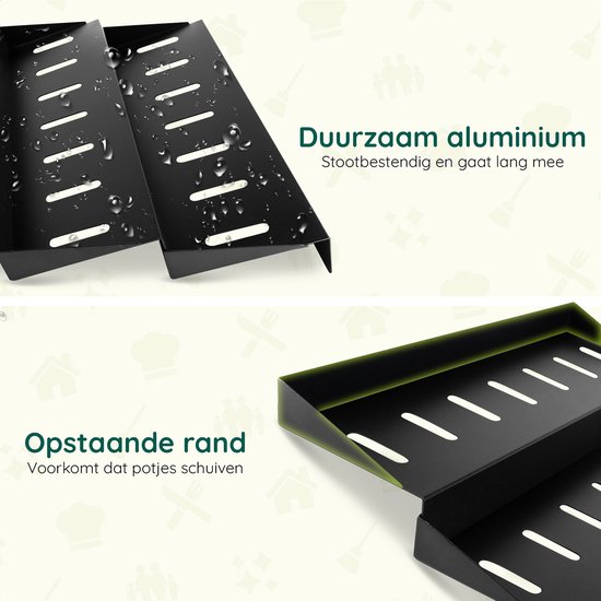 Zwarte aluminium kruidenrekken met waterdruppels en een opstaande rand die potjes wegglijden voorkomt.