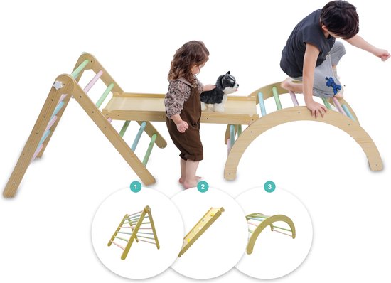 Lusio Premium Klimrek Kinderen - 3-in-1 Klimrek met Pikler driehoek en Klimboog - Montessori Speeltoestel - Houten Klimrek