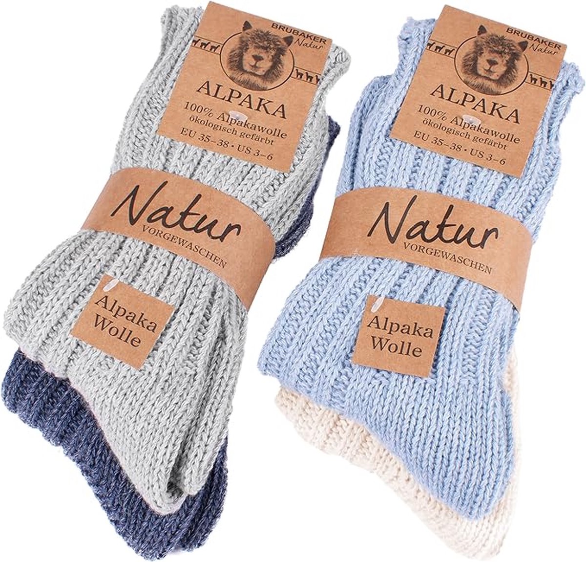 BRUBAKER 4 Paar Alpaca Sokken - Wintersokken Set voor Dames en Heren - Blauw Grijs Beige - Maat 35-38
