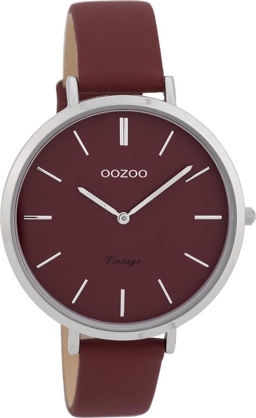 Zilverkleurige OOZOO horloge met bordeaux rode leren band - C9807
